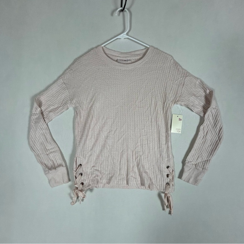 So Kohls NWT Pink Cozy Top Juniors XS Waffle Knit Side Tie Blush Long Sleeve